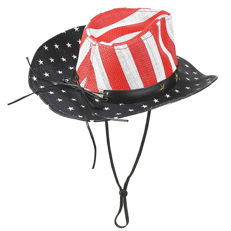 Outdoor Sun Protection Straw American Flag Western Cowboy Hat