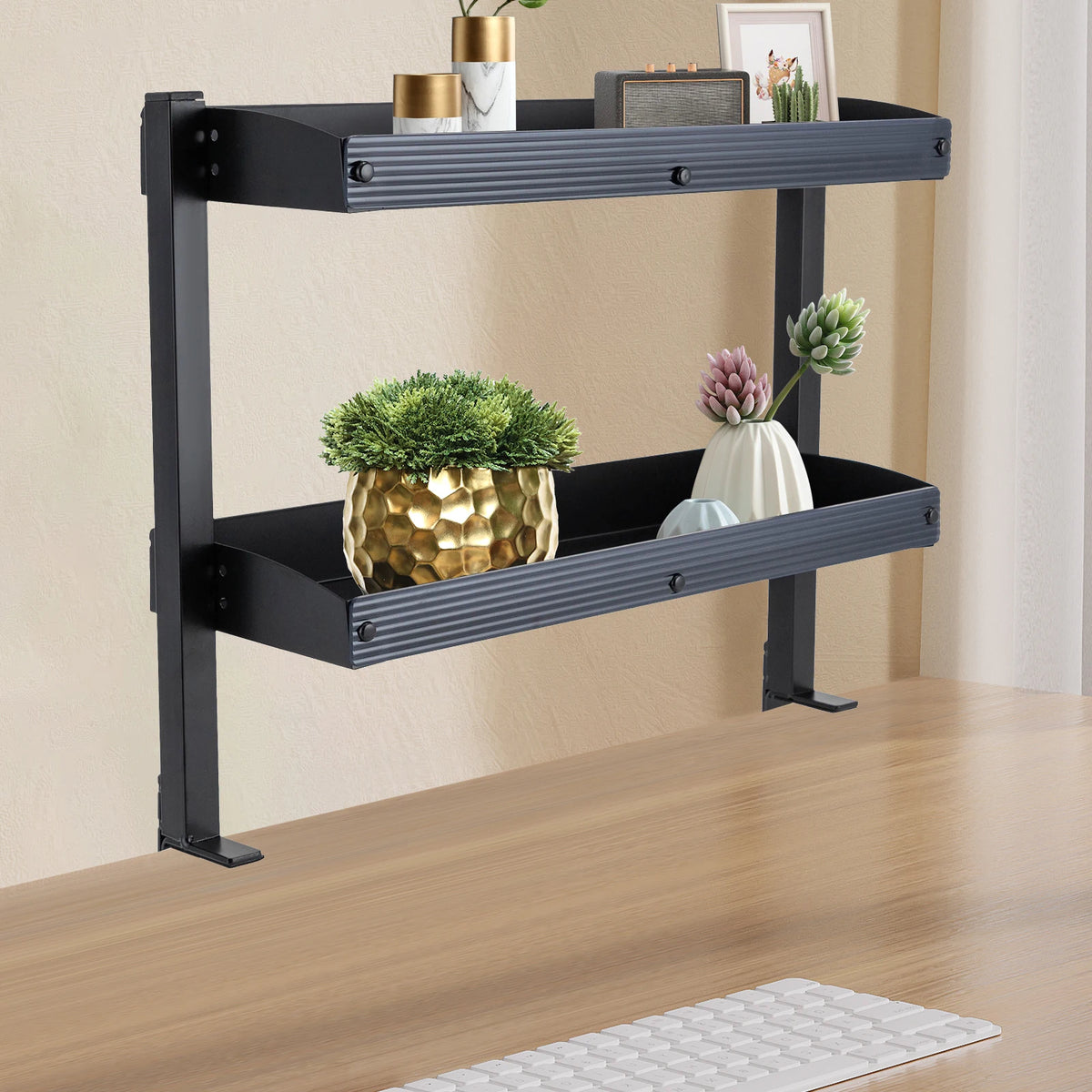 2-Tier Clamp-On Desk Shelf Organizer,Black Space-Saving Storage Rack w/Clamping Mechanism,Perfect for Standing Desk Installation Stone & Stem