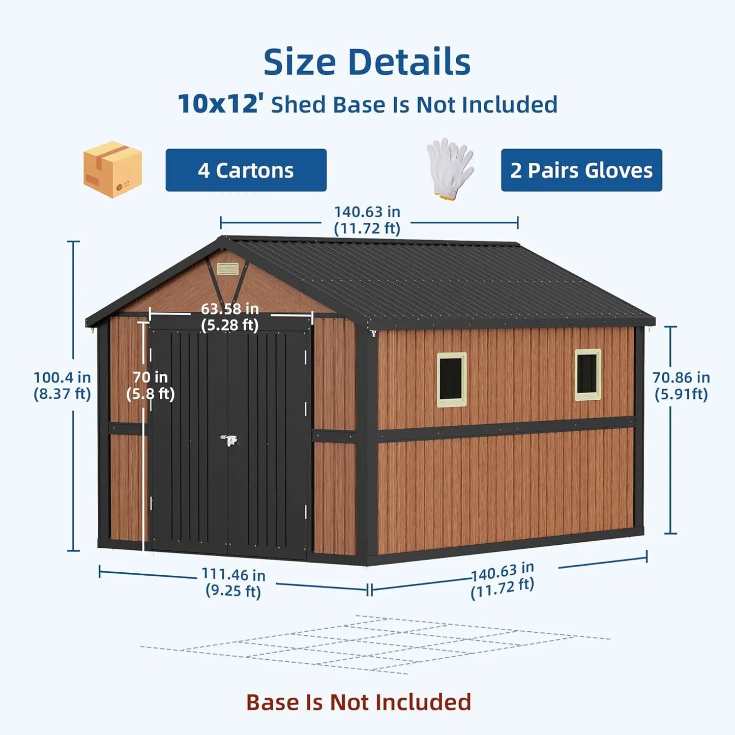 10x12 FT Outdoor Metal Storage Shed with Lockable Doors & Windows