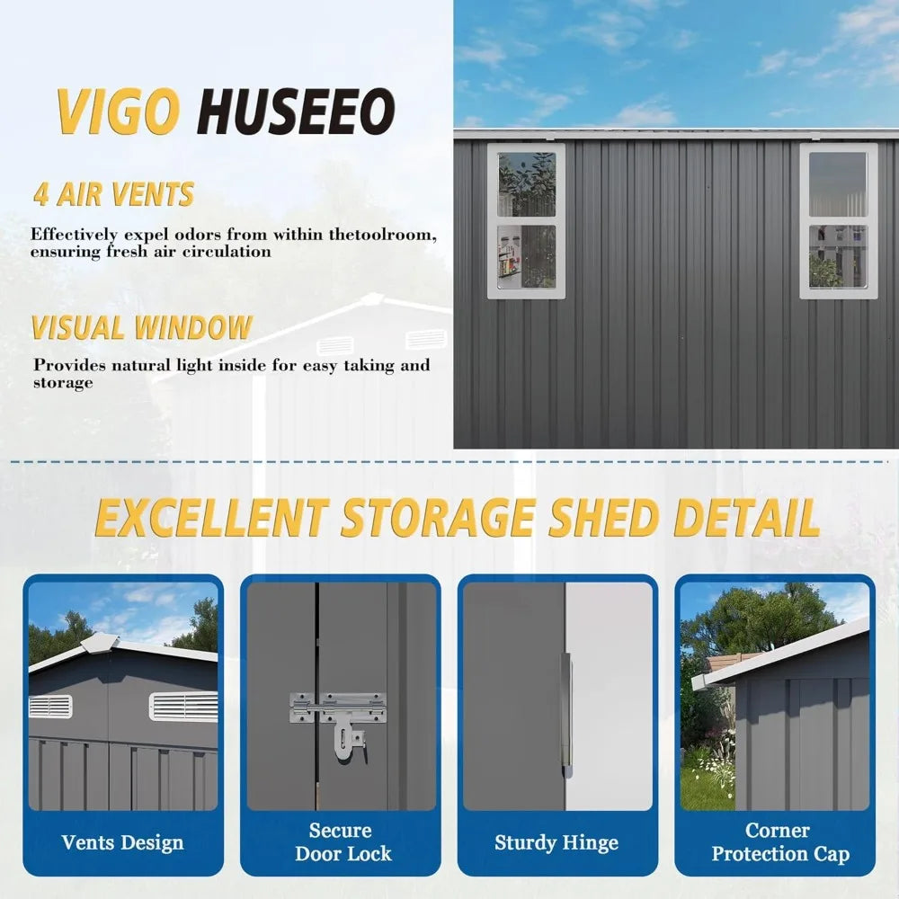 10x12x6.7FT Galvanized Steel Storage Shed Lockable Door Window