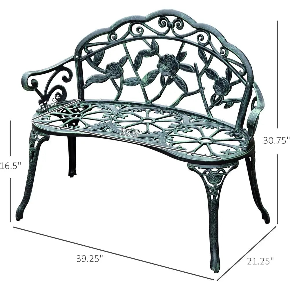 Vintage Garden Bench with Floral Rose Accent – Antique Green