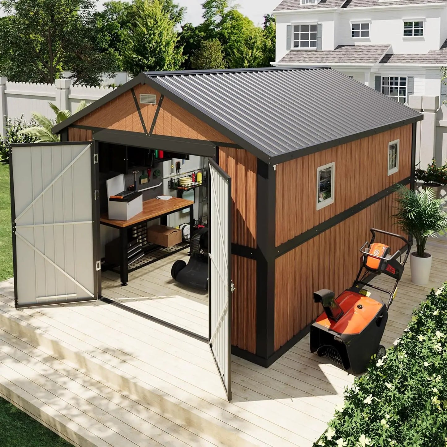 10x12 FT Outdoor Metal Storage Shed with Lockable Doors & Windows