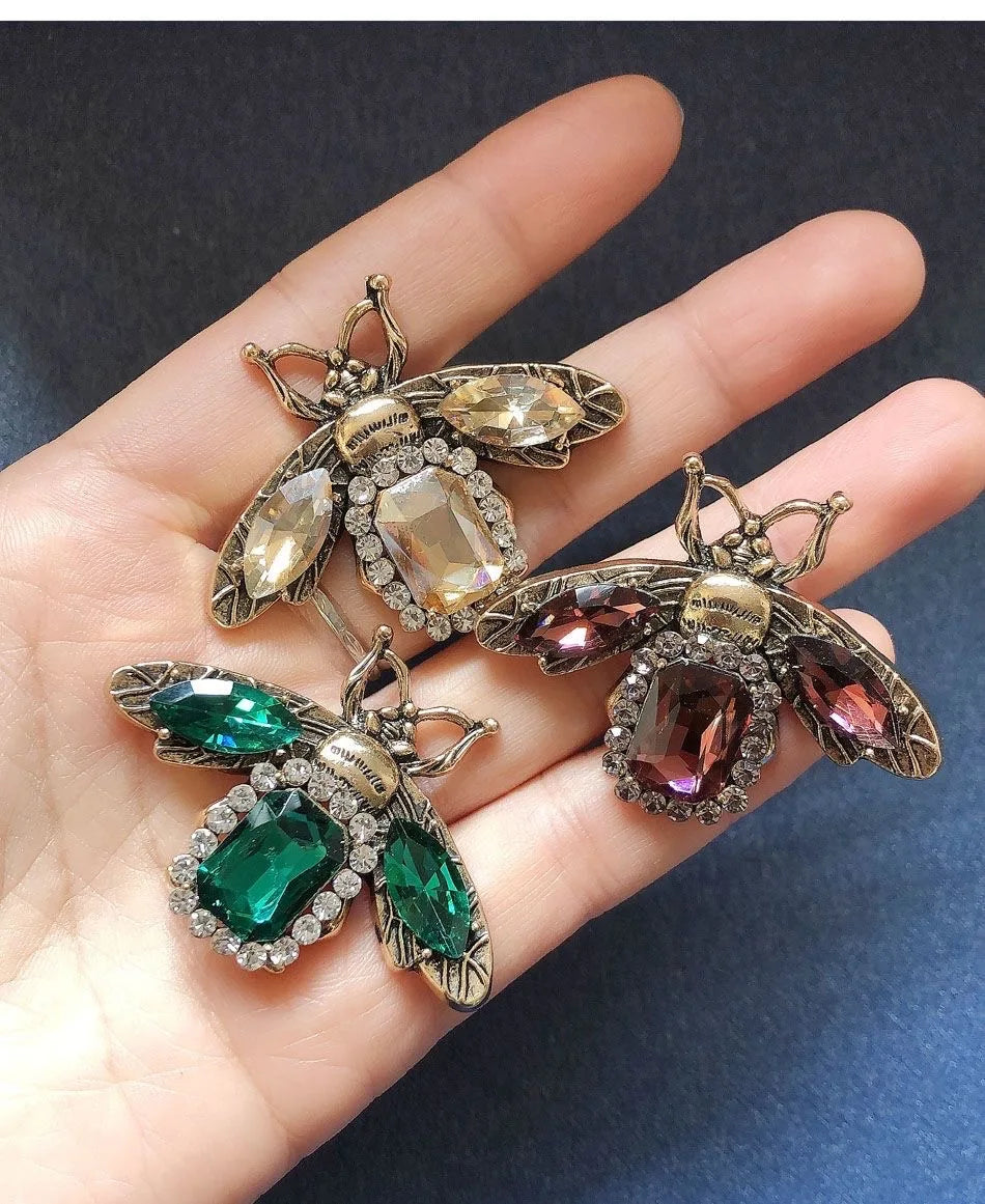 Vintage Green Crystal Bee Brooches For Women Rhinestone Insect Champagne