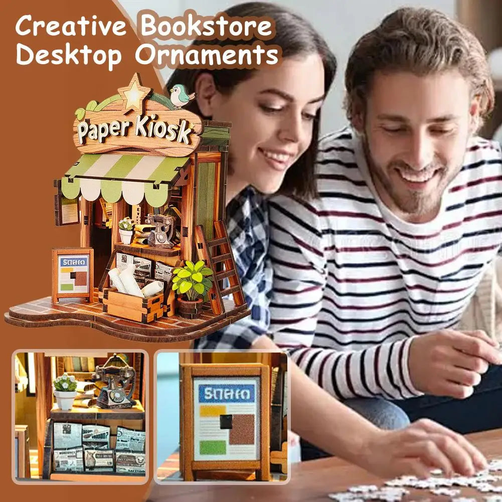 DIY Mini Wooden Dollhouse Kit 3D Wooden Puzzle Book Nook LED Light