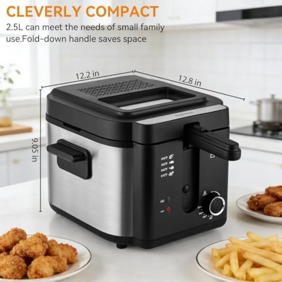 1500W Adjustable Temperature Electric Deep Fryer with Removable Lid and 2.5L Non-Stick Inner Pot for Home Use Deep Black Fryer