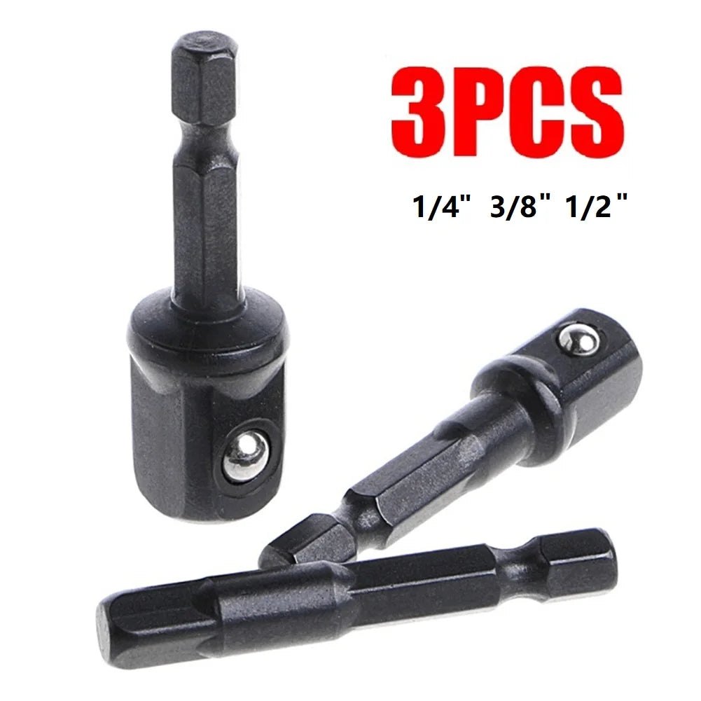 3Pcs Impact Socket Adapter 1/4 3/8 1/2 Inch Nut Driver Sockets Hex Shank