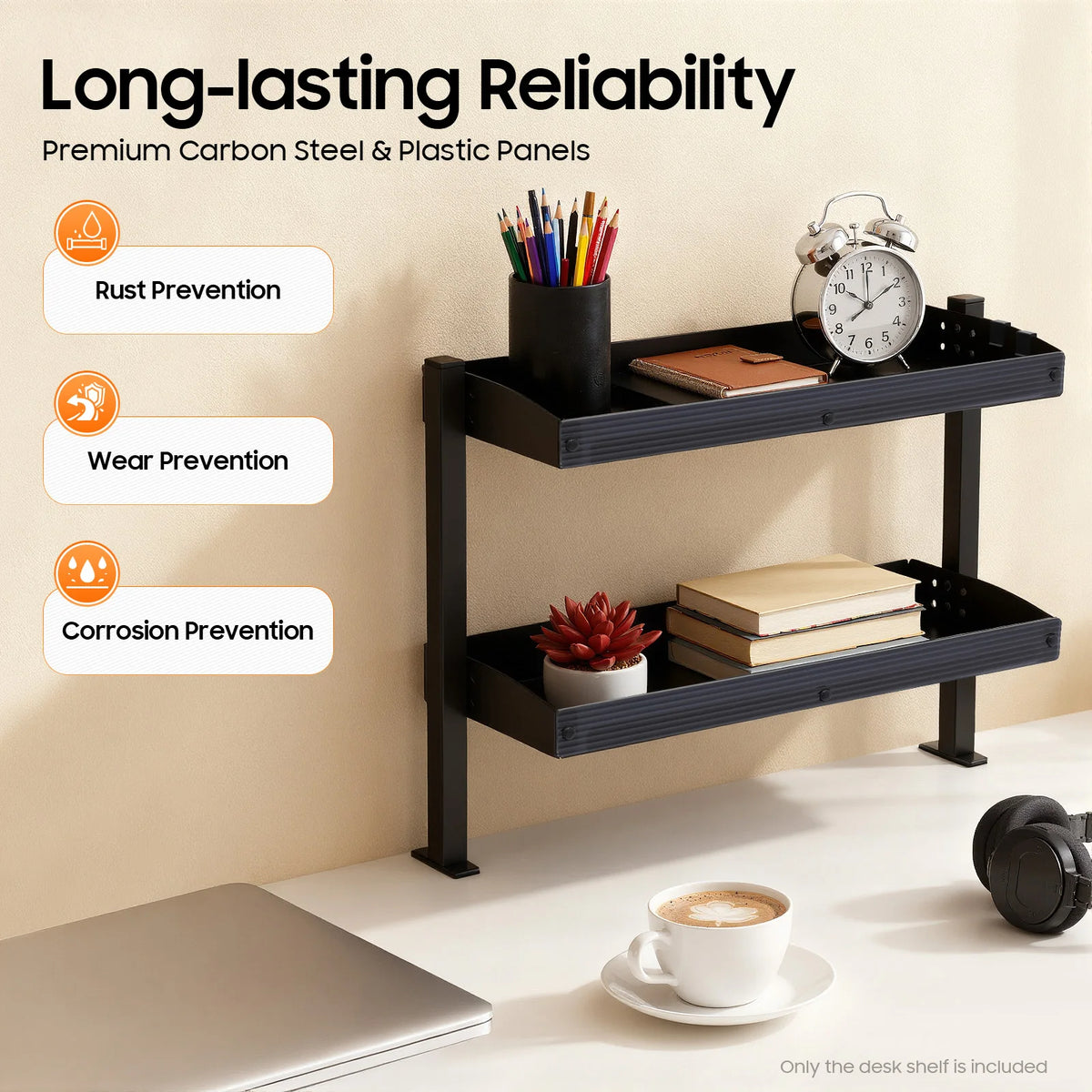2-Tier Clamp-On Desk Shelf Organizer,Black Space-Saving Storage Rack w/Clamping Mechanism,Perfect for Standing Desk Installation Stone & Stem