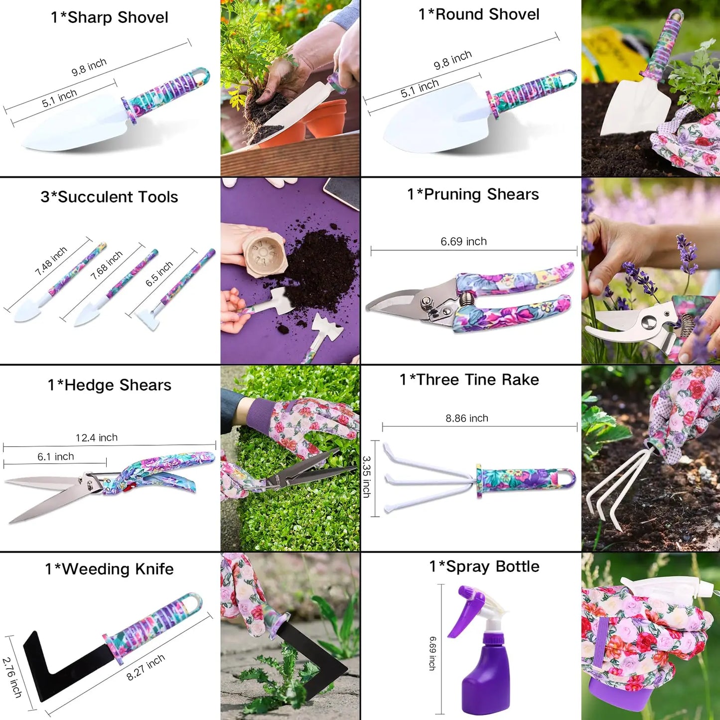 5/10 Pcs Gardening Tools Set with Carrying Case and Floral Print Ergonomic Handle