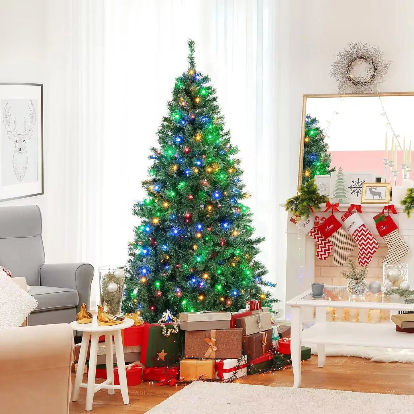 5 to 10ft Artificial Christmas Tree, Snow Flocked Full Prelighted Tree with 2084 Branch Tips, 900 Incandescent Lights
