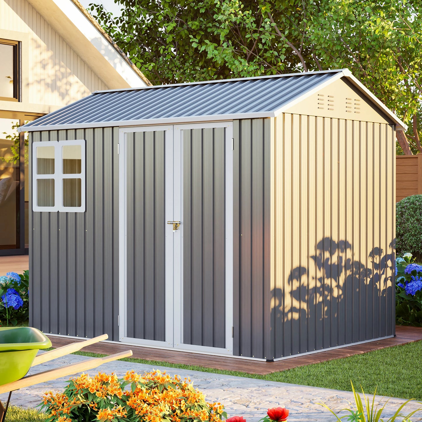8x6 FT Storage Shed Outdoor Tool Shed with Window, Lockable Doors & Sloped Roof