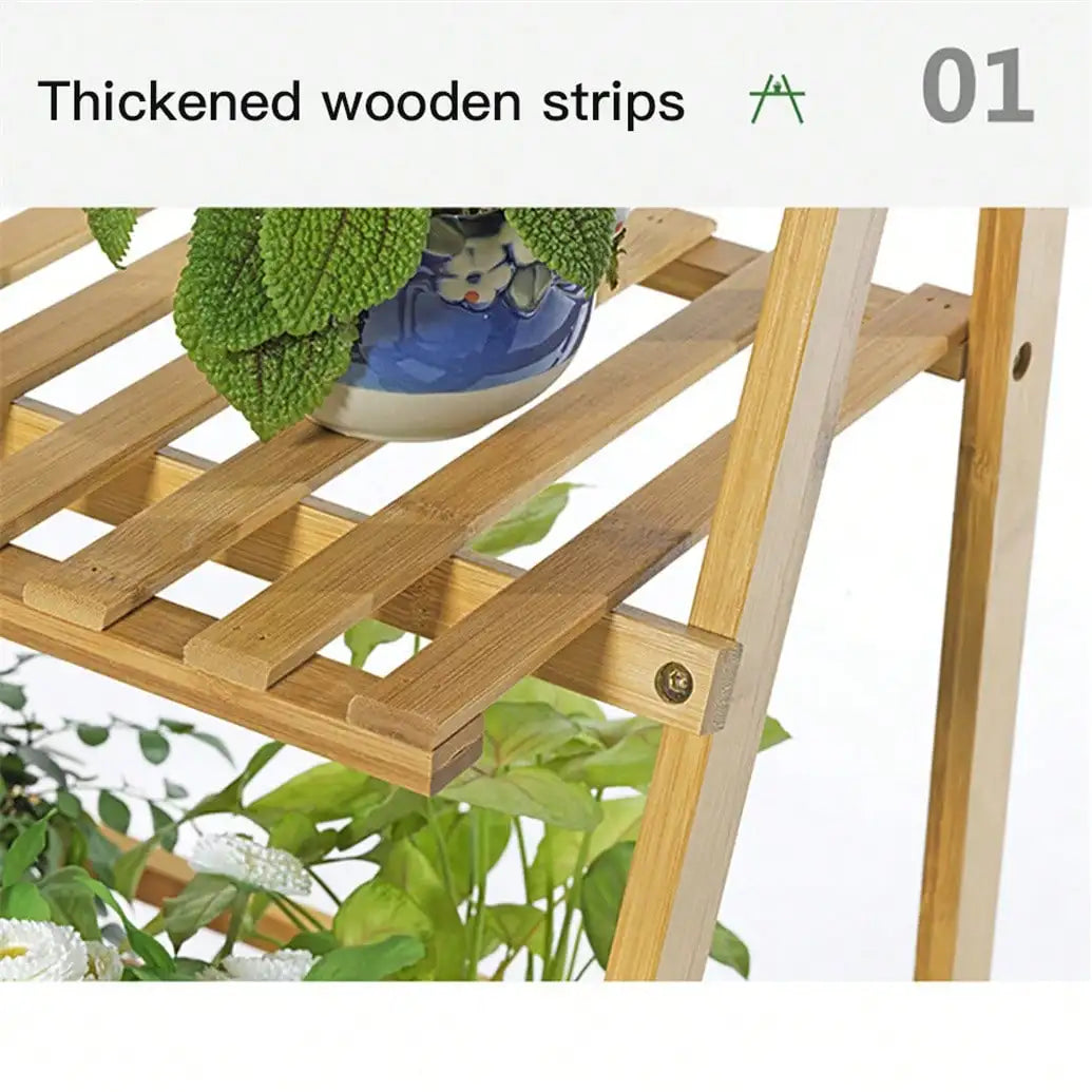 UNHO 3 Tier Foldable Bamboo Ladder Plant Stand Flower Storage Shelving Hanging Rack