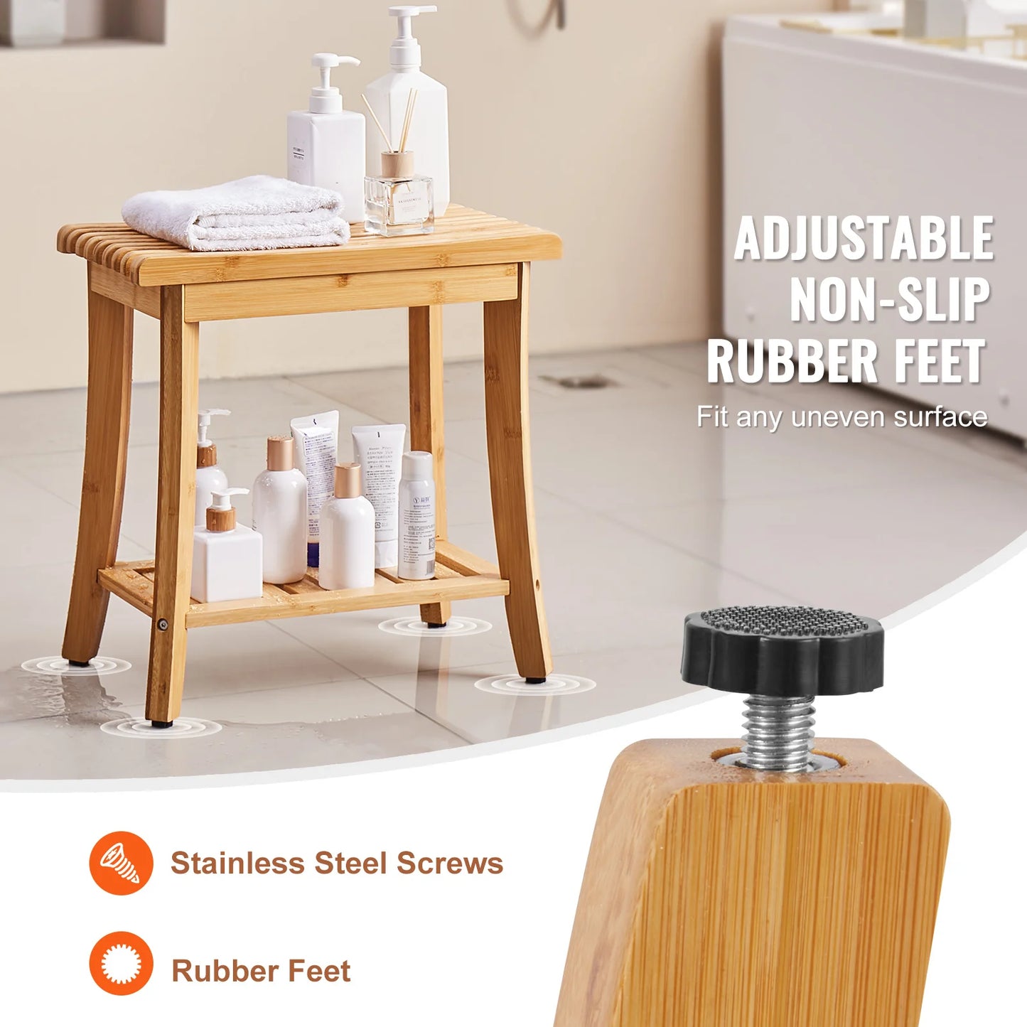 Bamboo Waterproof Shower Stool Chair with Storage Shelf 330lbs Load Capacity Spa Seat