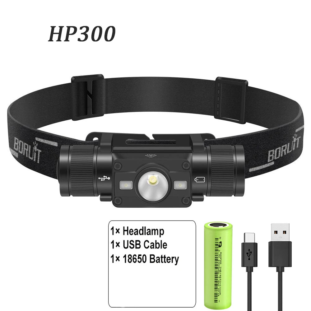 BORUiT LED Headlamp 7-Modes Powerful Waterproof Headlight Type-C Rechargeable