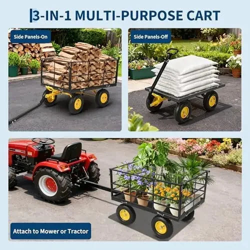 Heavy Duty 1500 Lbs Mesh Steel Garden Cart Folding Utility Wagon with Removable Sides, Garden Cart on Wheels.