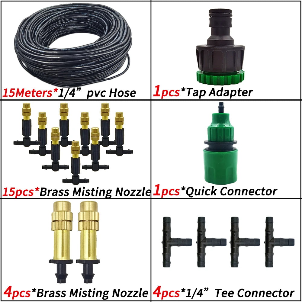 15M-30M Outdoor Misting Garden Irrigation 1/4'' Brass Atomizer Nozzles Hose for Patio/Greenhouse