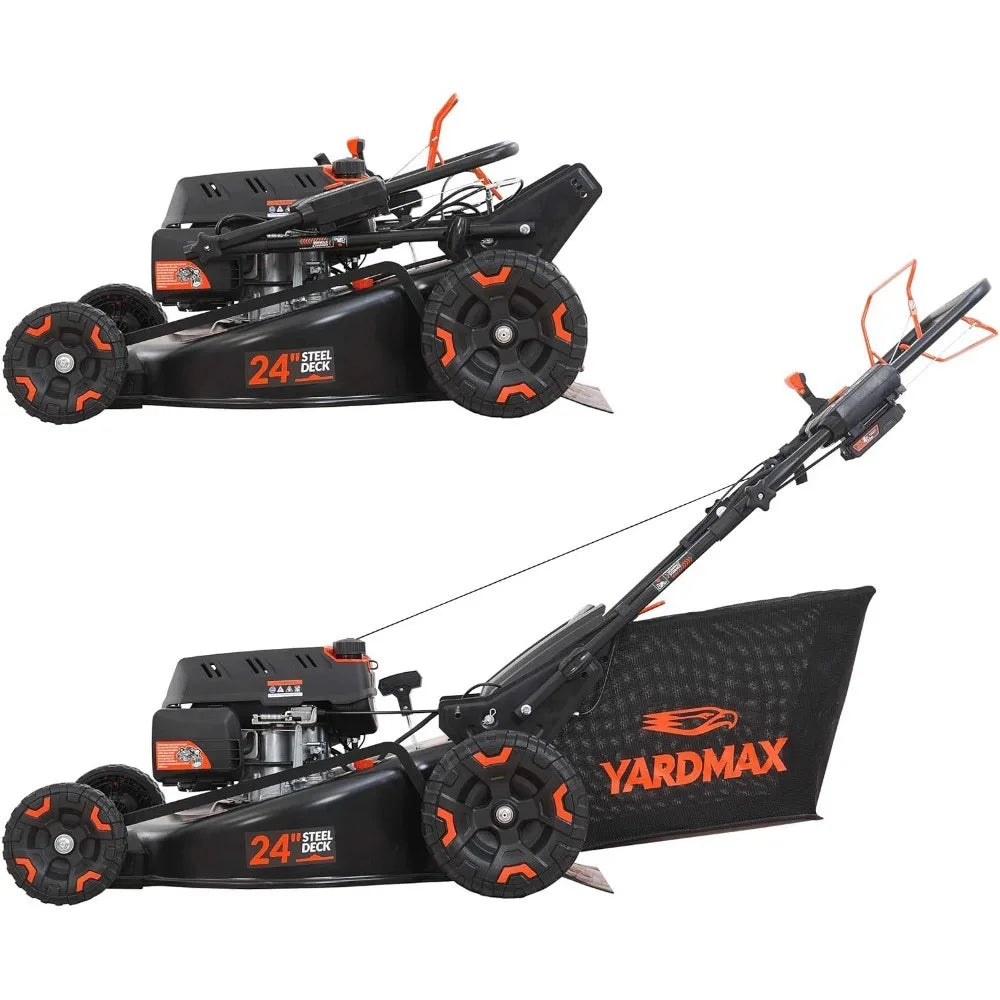 24 Inch 201cc Self Propelled Gas Lawn Mower with Electric Start 6 Speed CVT High Wheel 3-in-1 RWD