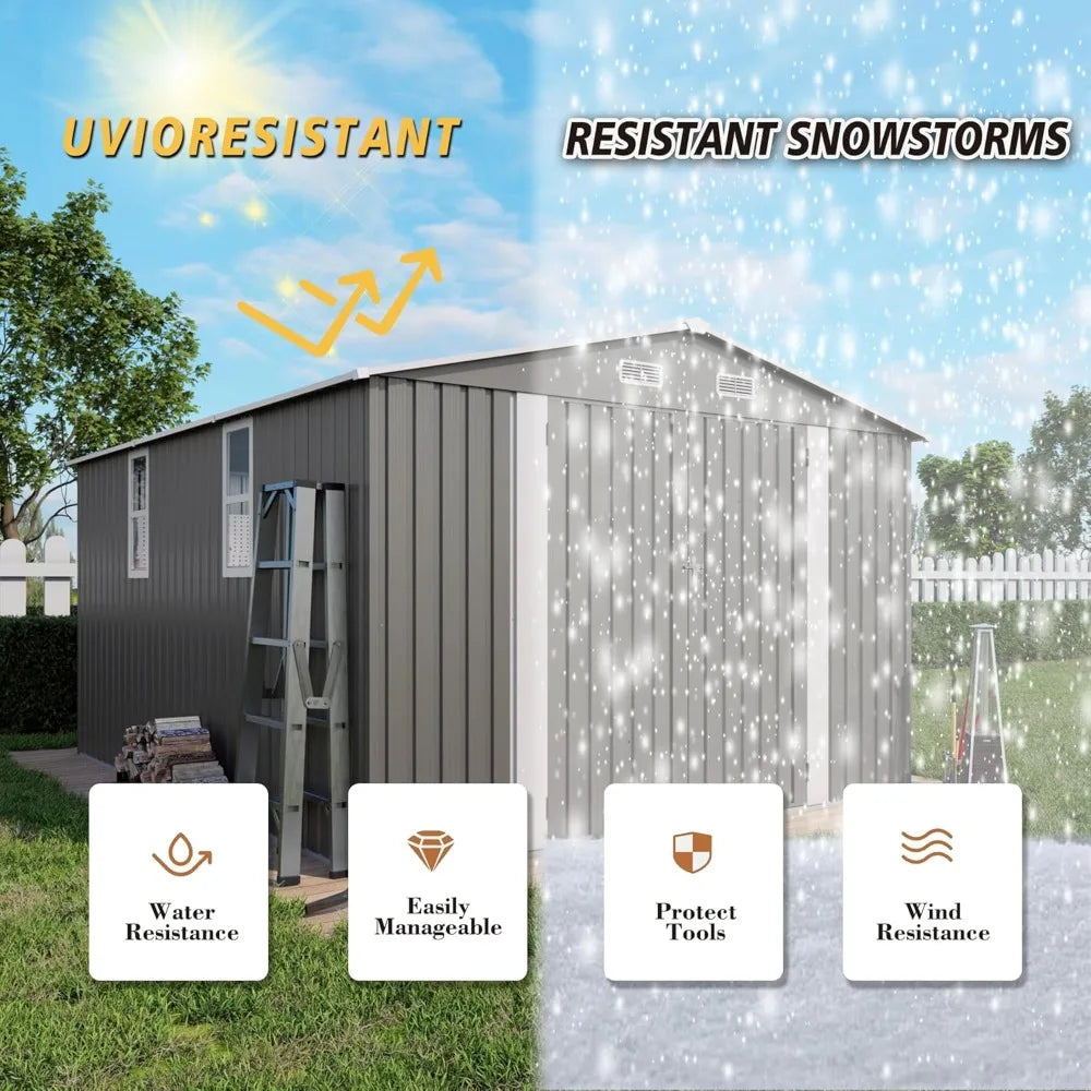 10x12x6.7FT Galvanized Steel Storage Shed Lockable Door Window