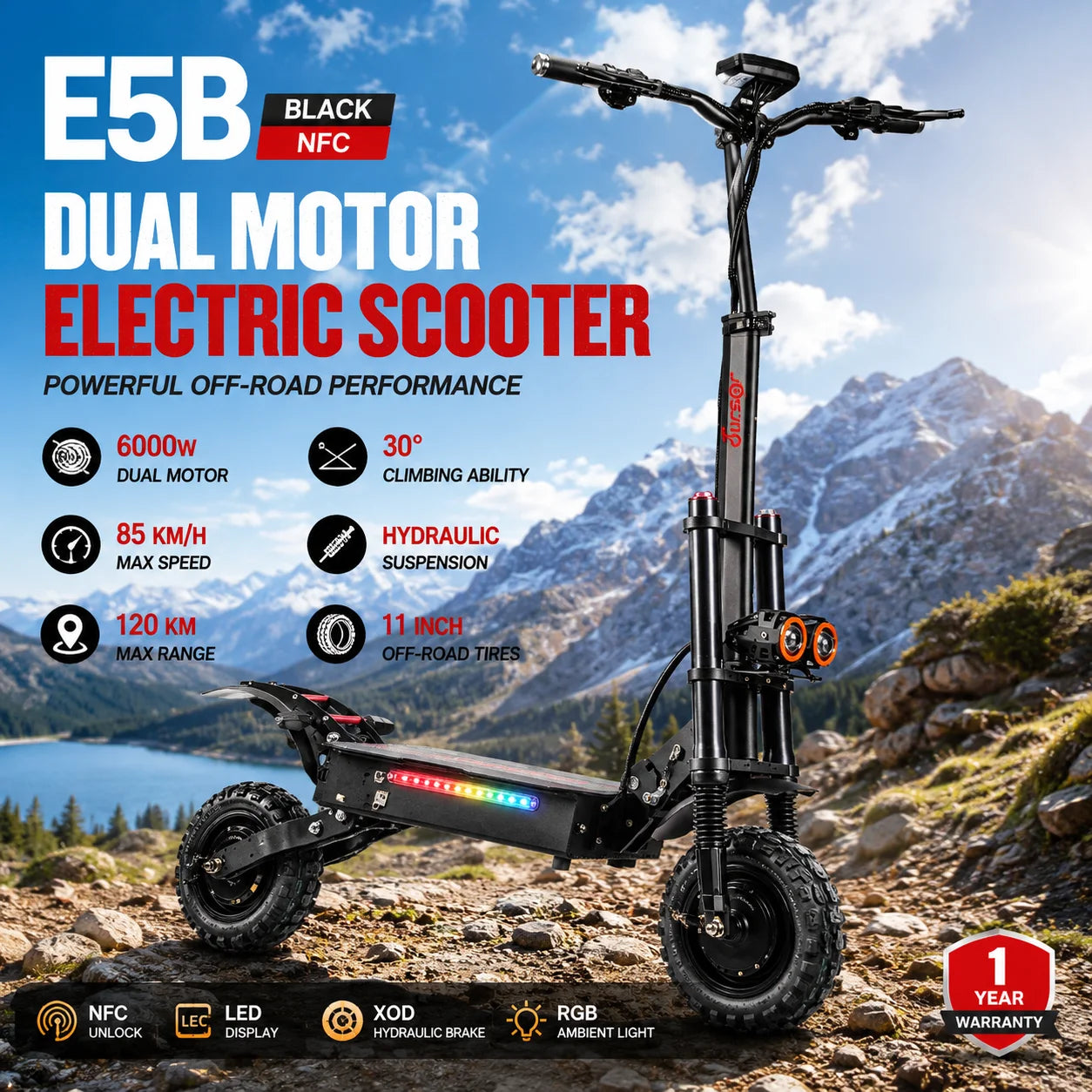E5B High Power Electric Scooter 6000W Dual Motor 60V 35Ah Battery 80KM/H Speed Dual Shock Absorption Hydraulic Brakes