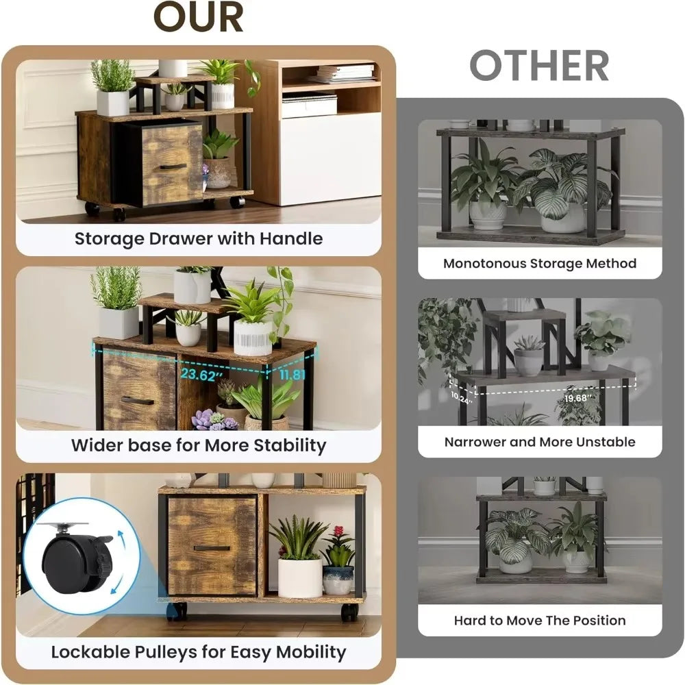 65" Indoor Plant Stand with Grow Lights, Tiered Metal Plant Shelf with Wheels and Drawer, Plant Storage Rack for Home Decor