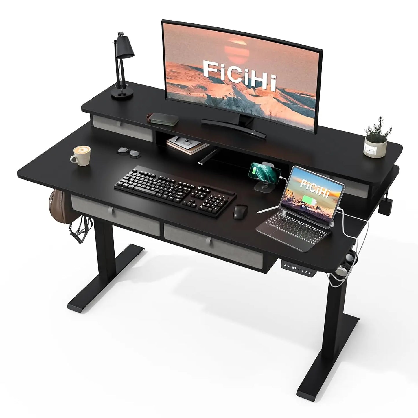 Height Adjustable Electric Desk 55x30" 4 Drawer Two Tier 3 Memory USB Port Home Office