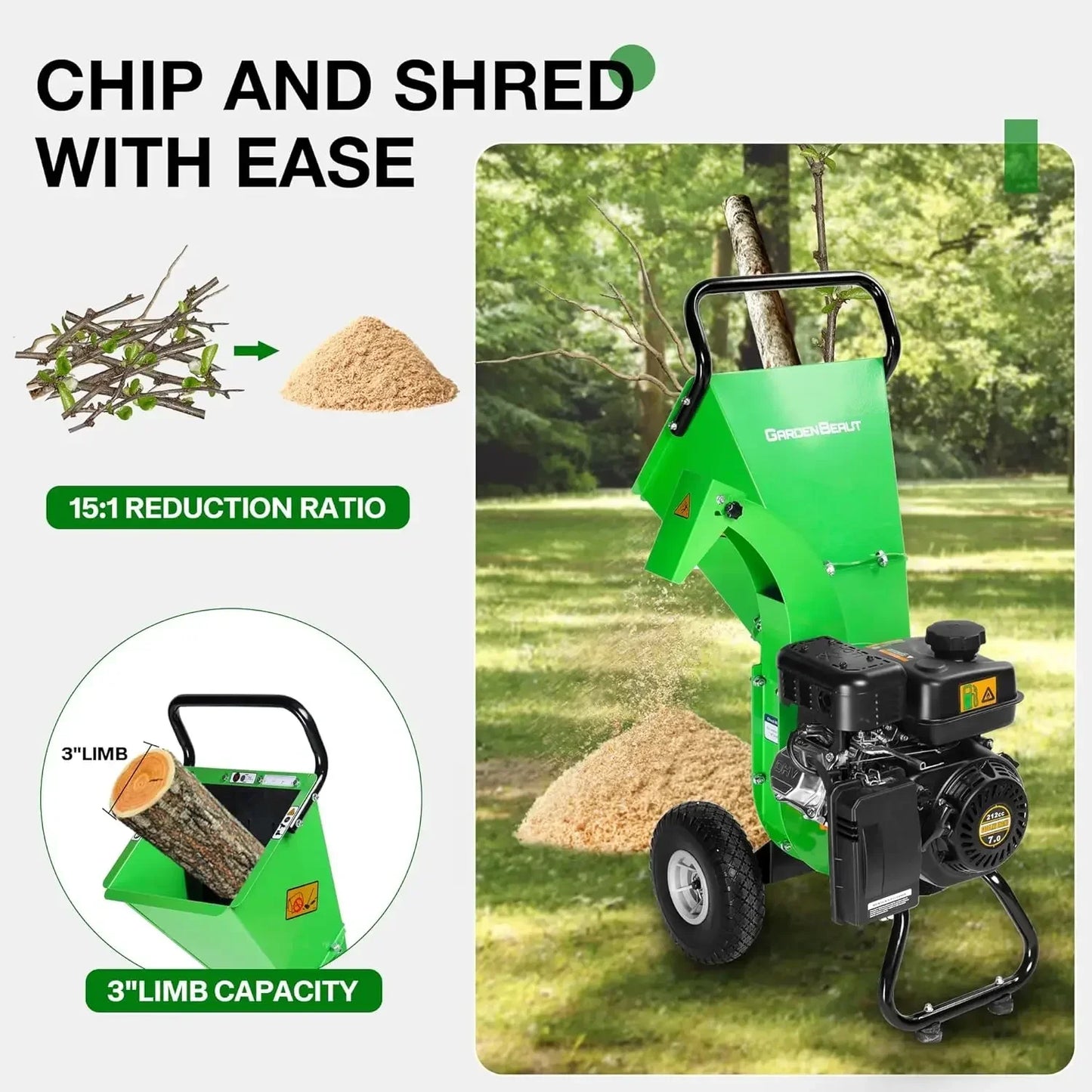 Wood Chipper Shredder, 7HP 212cc Gas Powered Heavy Duty, 3" Max Wood Diameter