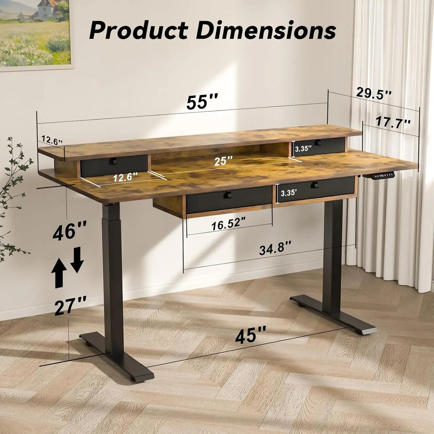 Height Adjustable Electric Desk 55x30" 4 Drawer Two Tier 3 Memory USB Port Home Office