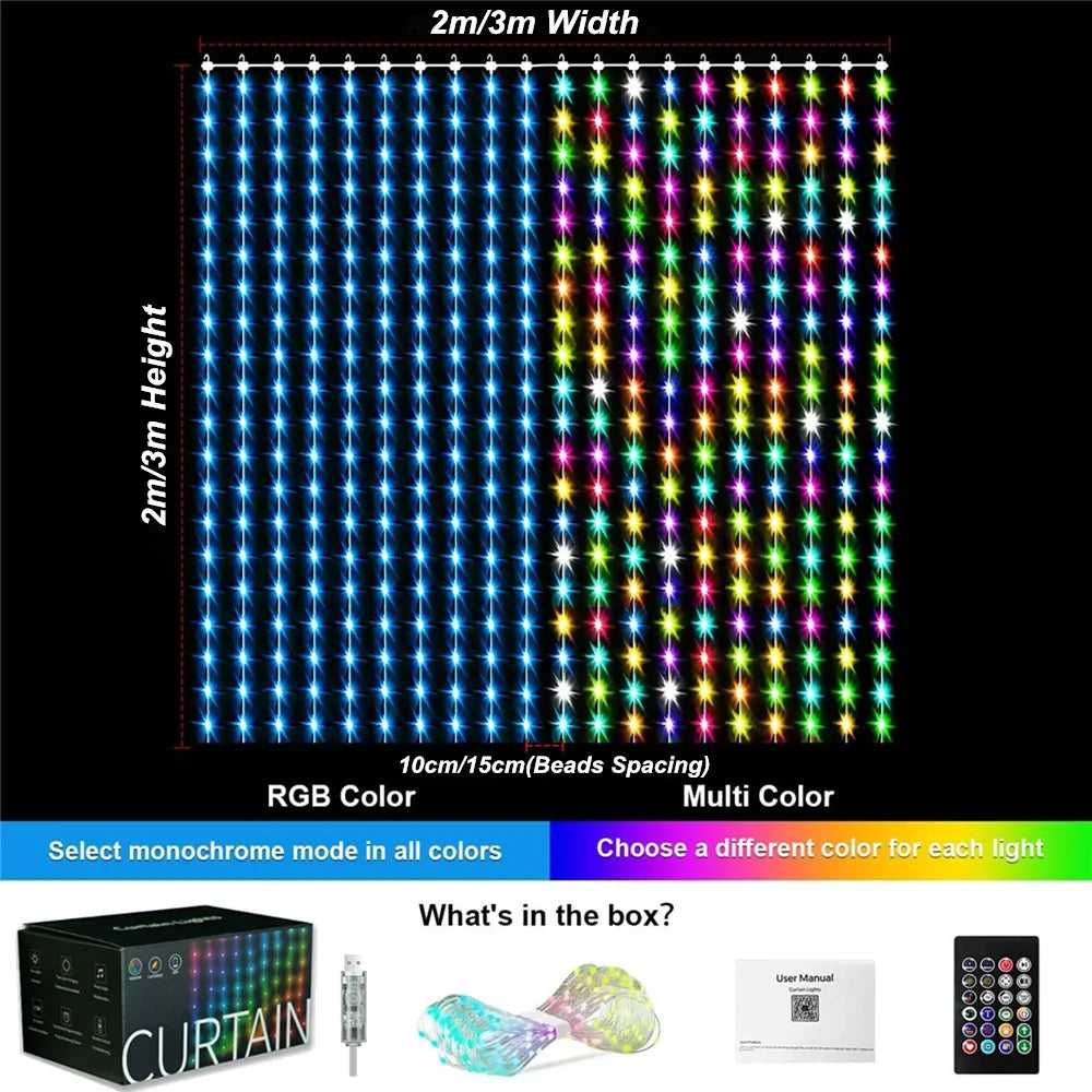 400-800 LED RGB Smart Curtain Lights with Music,App Controls and Remote