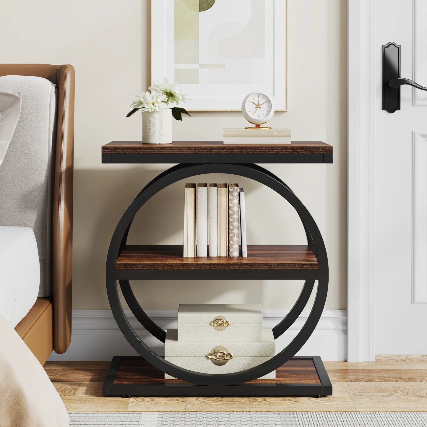 Narrow End Table with 3 Storage Shelves, Wooden.