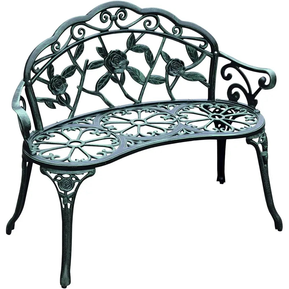 Vintage Garden Bench with Floral Rose Accent – Antique Green