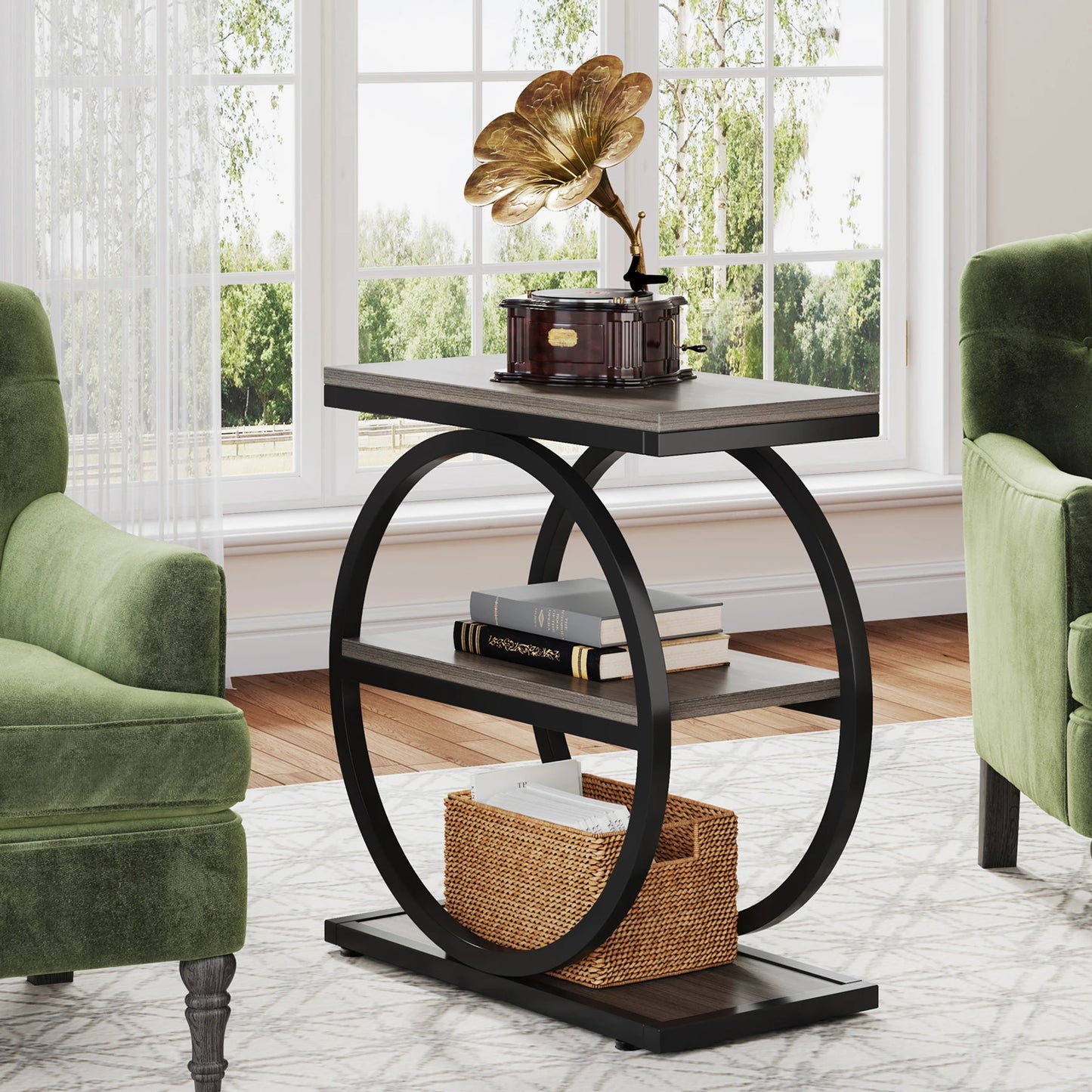 Narrow End Table with 3 Storage Shelves, Wooden.