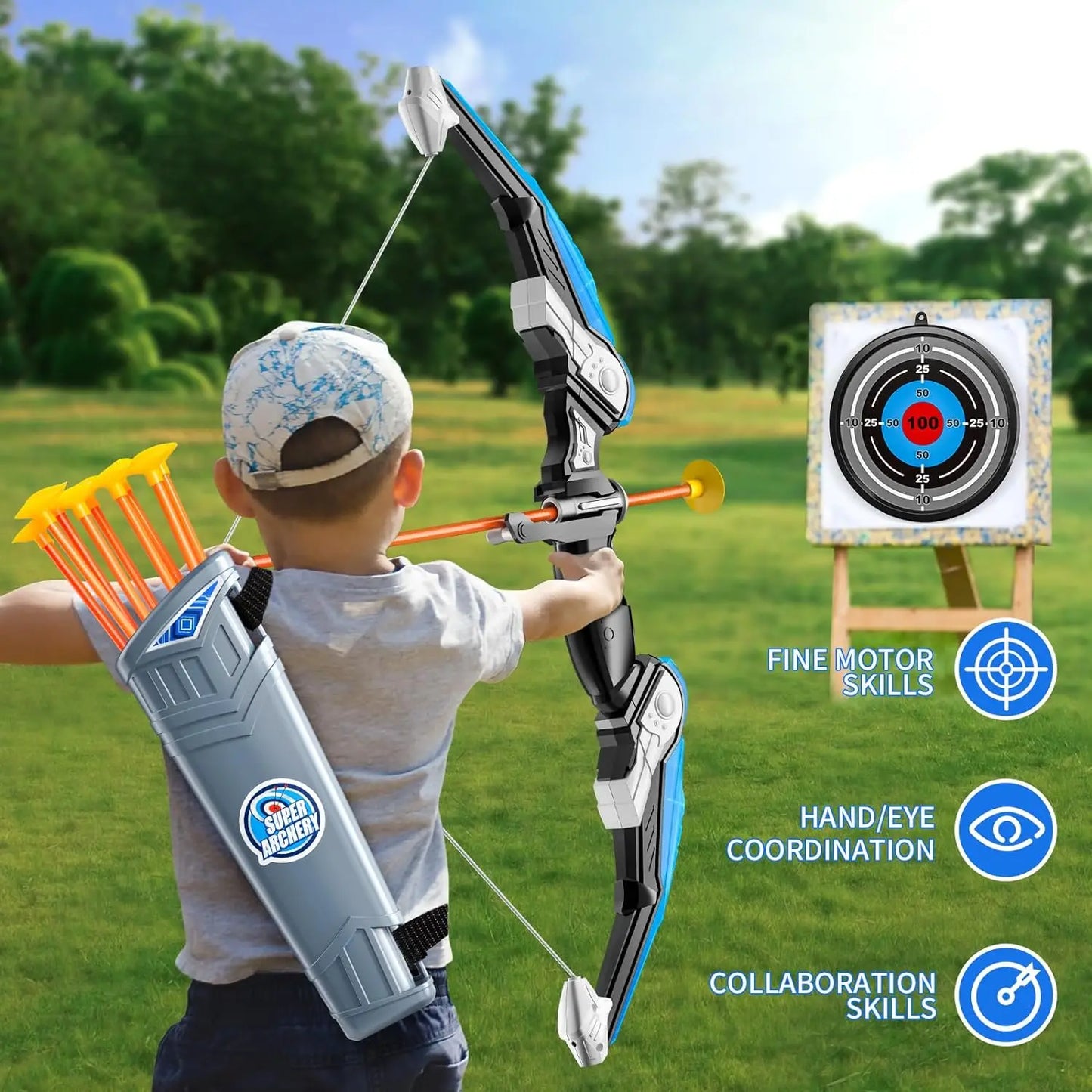 Kids Bow and Arrow Set, LED Light Up Archery Toys Set for Kids Ages 4-8 8-12, with 10 Suction Cup Arrows, Target & Quiver