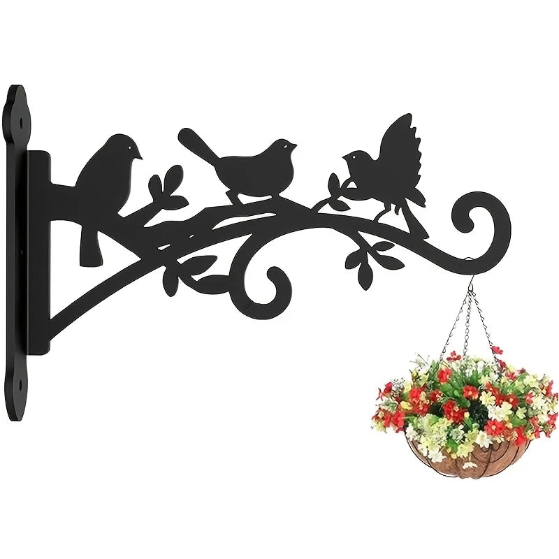 Metal Wall-Mounted Plant Hanger with Bird & Leaf Design - Heavy-Duty, Easy-to-Install Hook for Outdoor Flower Baskets
