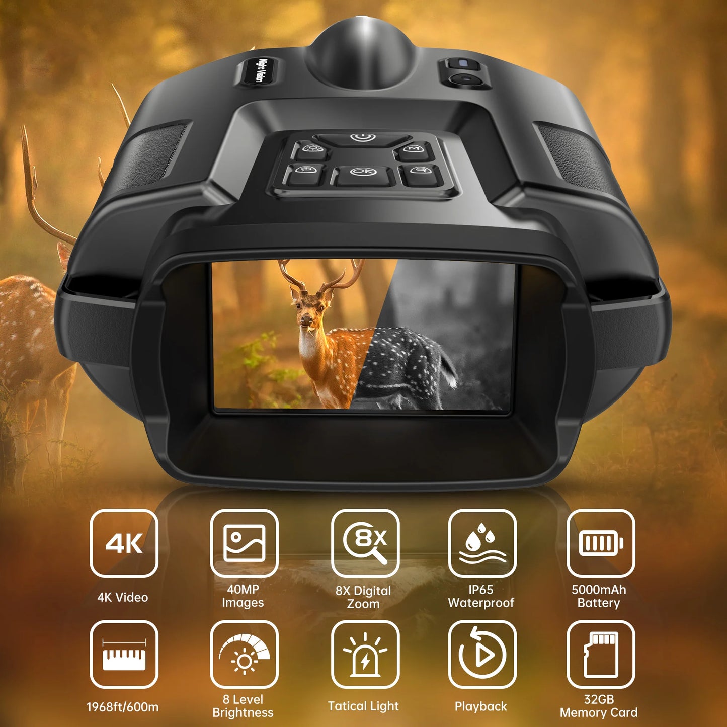 4K Night Vision Binoculars 32GB Infrared Night Vision Goggles 3” Large Screen 8X Digital Zoom Tactical Light