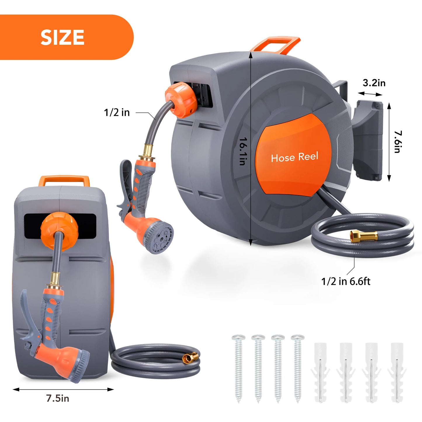 Retractable Garden Hose Reel 65/ 100 ft, Wall Mounted, 9-Function Sprayer, Any Length Lock, 180° Swivel, Automatic Rewind & Slow Return System