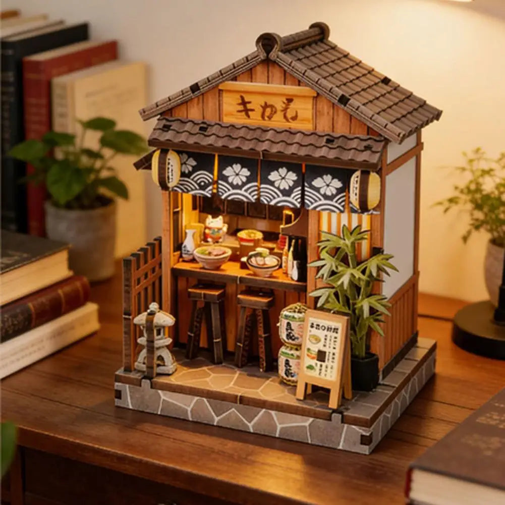 DIY Mini Wooden Dollhouse Kit 3D Wooden Puzzle Book Nook LED Light