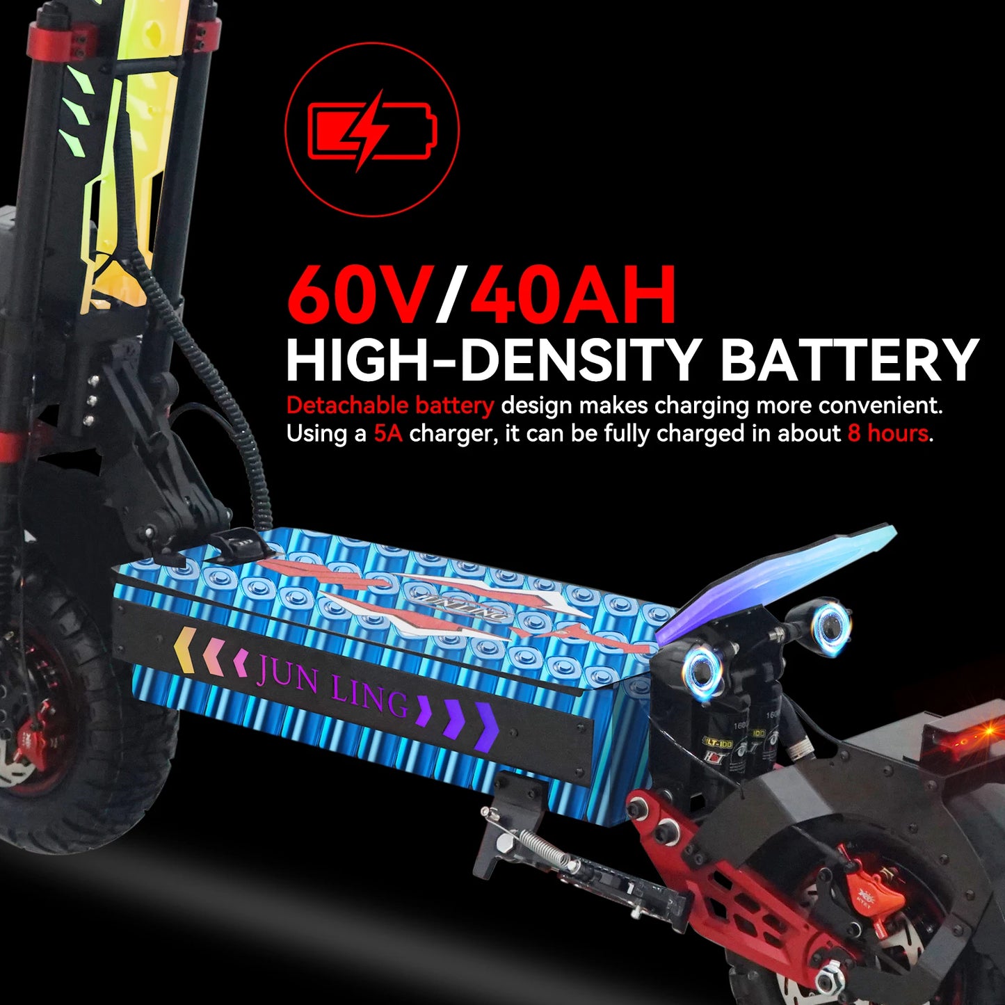 JL86 Electric Scooter 10000W Dual-Motor 60V40Ah 52Mph 75Mile Bluetooth 13 Inch Tire Adults