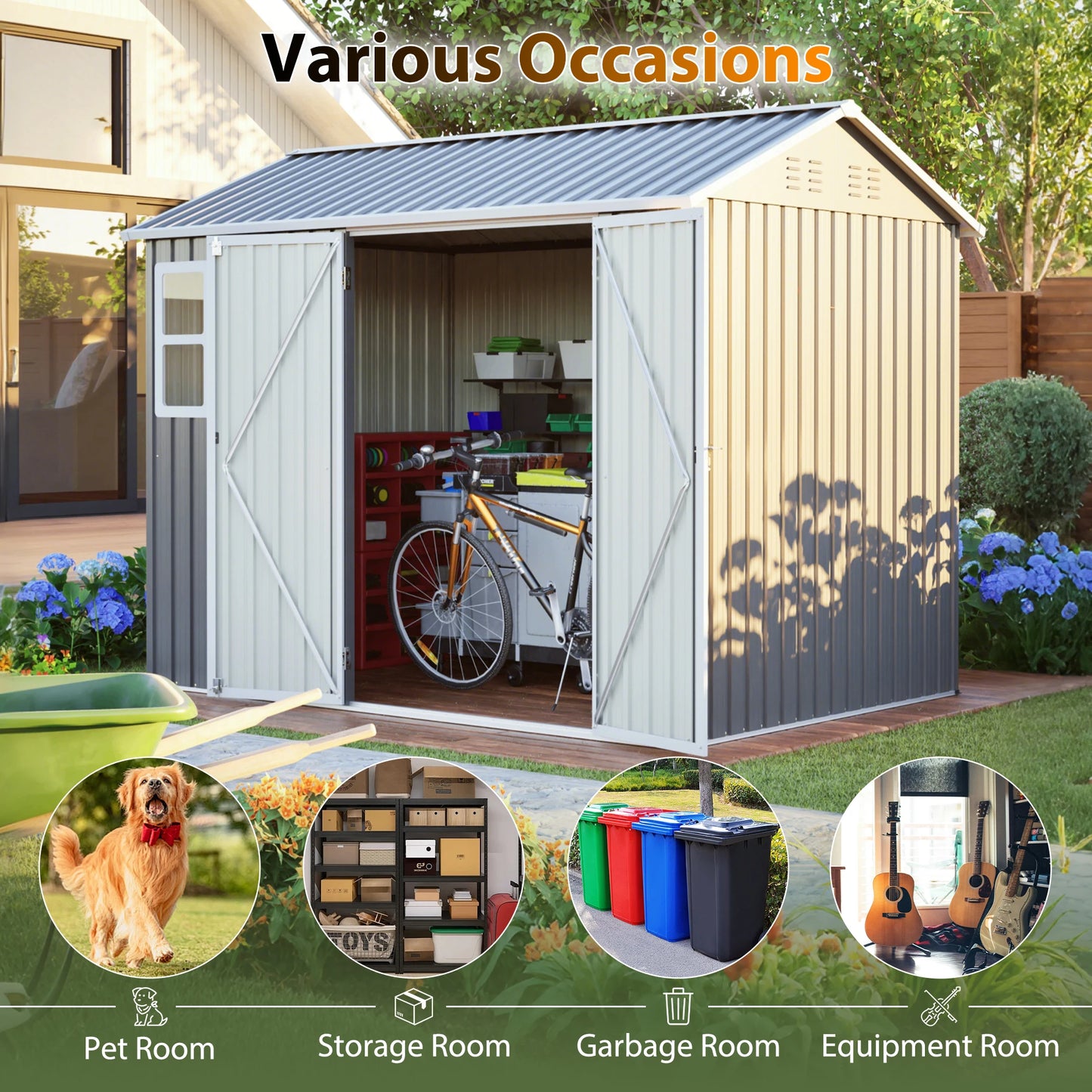 8x6 FT Storage Shed Outdoor Tool Shed with Window, Lockable Doors & Sloped Roof