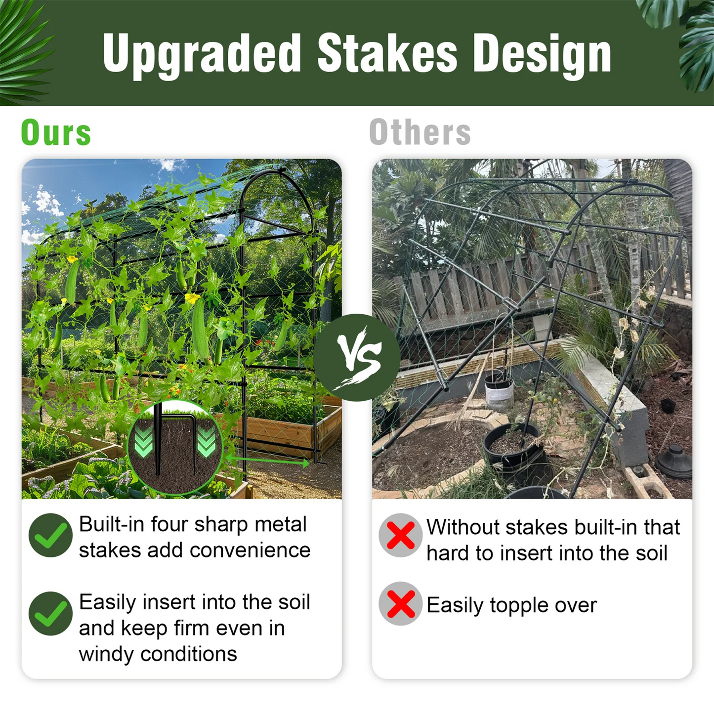 U-Shaped Garden Cucumber Trellis for Climbing Plants Support Frame with Nylon Netting