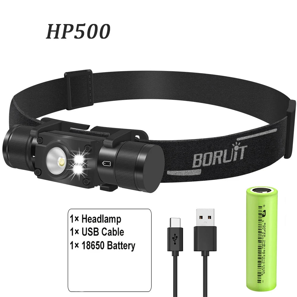 BORUiT LED Headlamp 7-Modes Powerful Waterproof Headlight Type-C Rechargeable