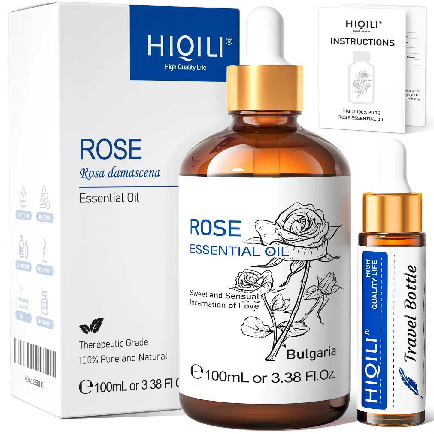 HIQILI Essential Oil Rose Geranium Lavanda Citronela Tea Tree vanille Body Oil Face Skin Care Massage 100ML/3.38fl.oz
