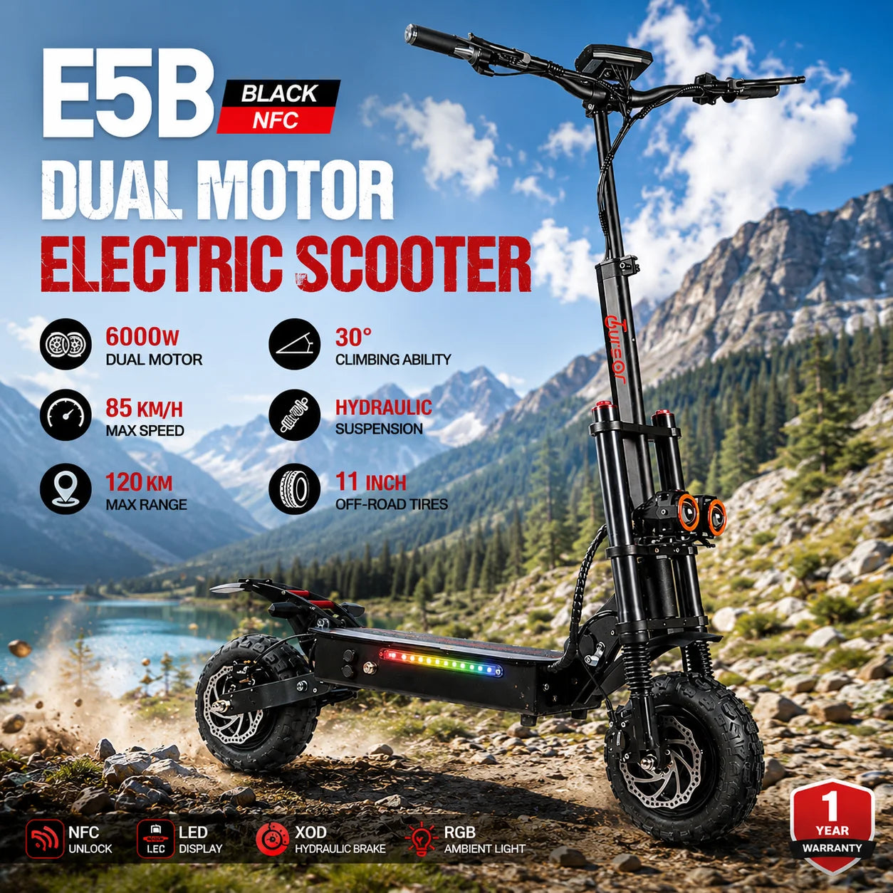 E5B High Power Electric Scooter 6000W Dual Motor 60V 35Ah Battery 80KM/H Speed Dual Shock Absorption Hydraulic Brakes