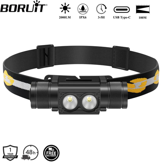 BORUiT D25 Dual LED Headlamp 2000LM Powerful Headlight Type-C Rechargeable