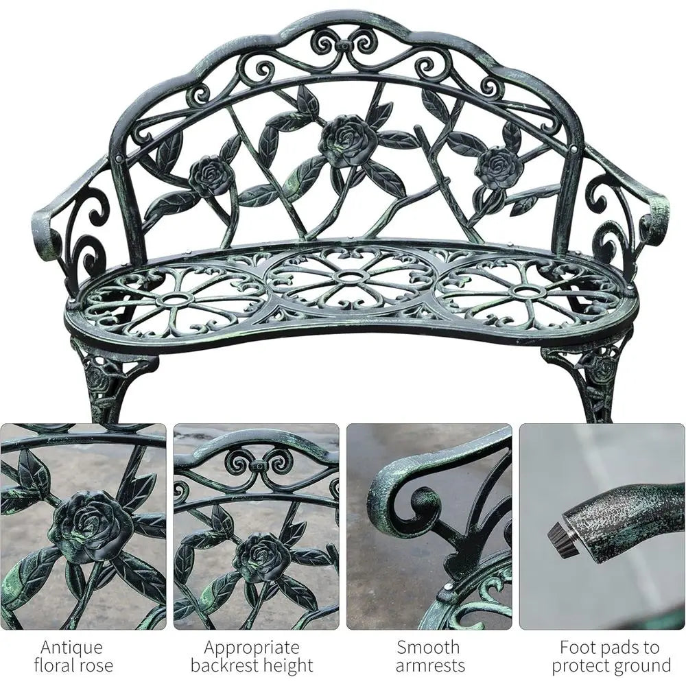 Vintage Garden Bench with Floral Rose Accent – Antique Green