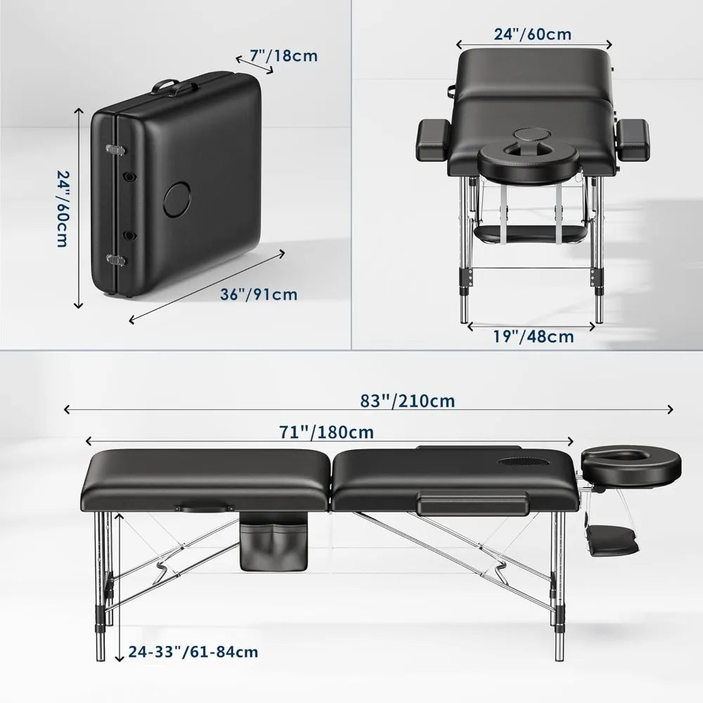 Portable 2-Fold Massage Table Height-Adjustable Aluminum Frame Side Pocket Face Cradle