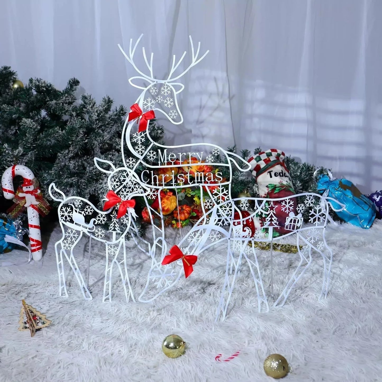 3pcs Handmake Iron Art Elk Deer Christmas Garden Decor &led Light Glowing Glitter Reindeer