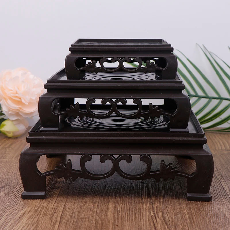 Deep Brown Carving Wooden Look Plastic Base Tray Flowerpot Holder Round Square Multi-Functional