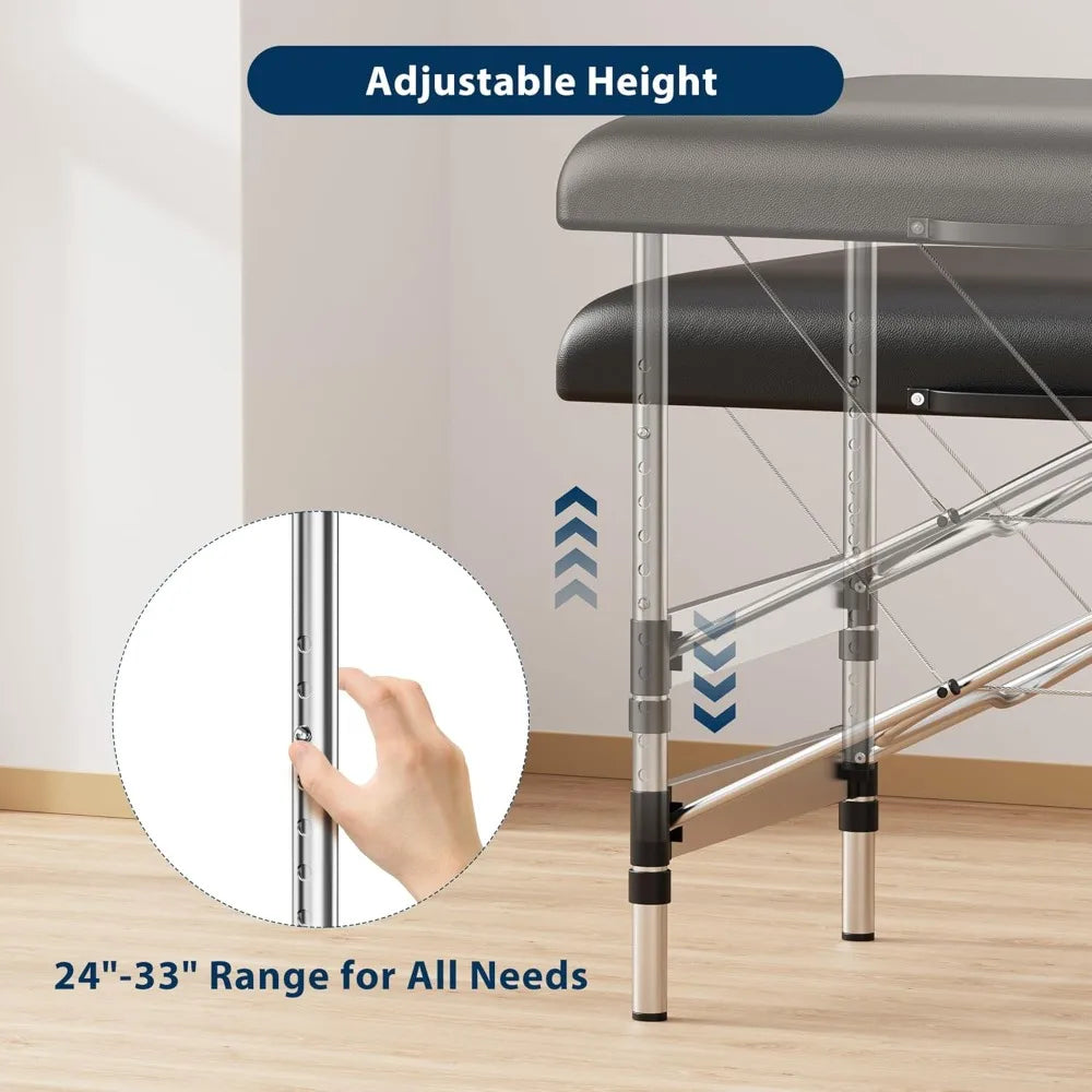 Portable 2-Fold Massage Table Height-Adjustable Aluminum Frame Side Pocket Face Cradle