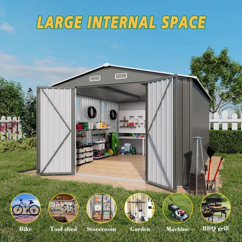 10x12x6.7FT Galvanized Steel Storage Shed Lockable Door Window