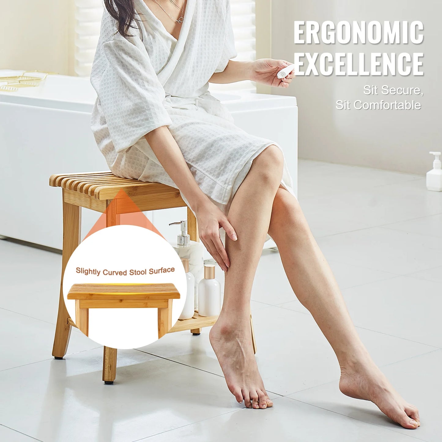 Bamboo Waterproof Shower Stool Chair with Storage Shelf 330lbs Load Capacity Spa Seat