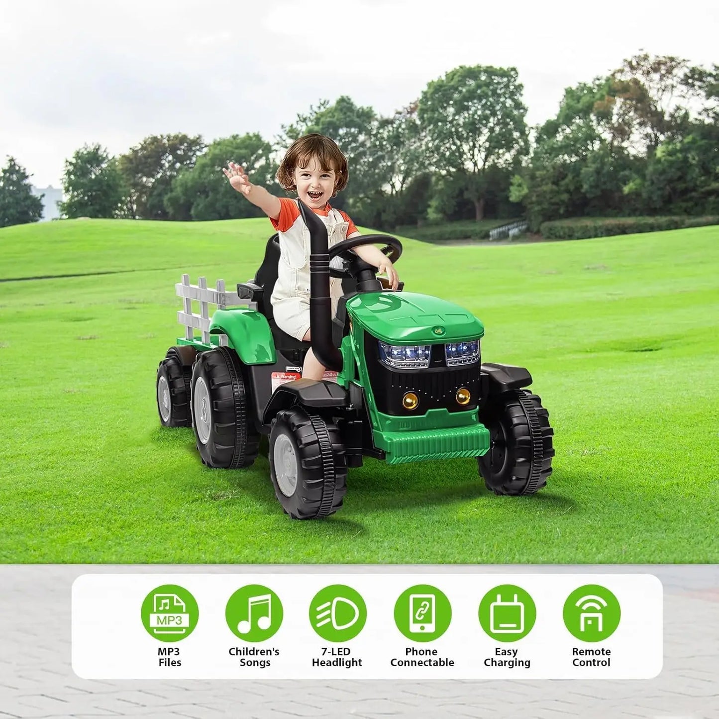 12V Kids Tractor with Trailer,35W Dual Motors,, Bluetooth ,Music, Spring Suspension